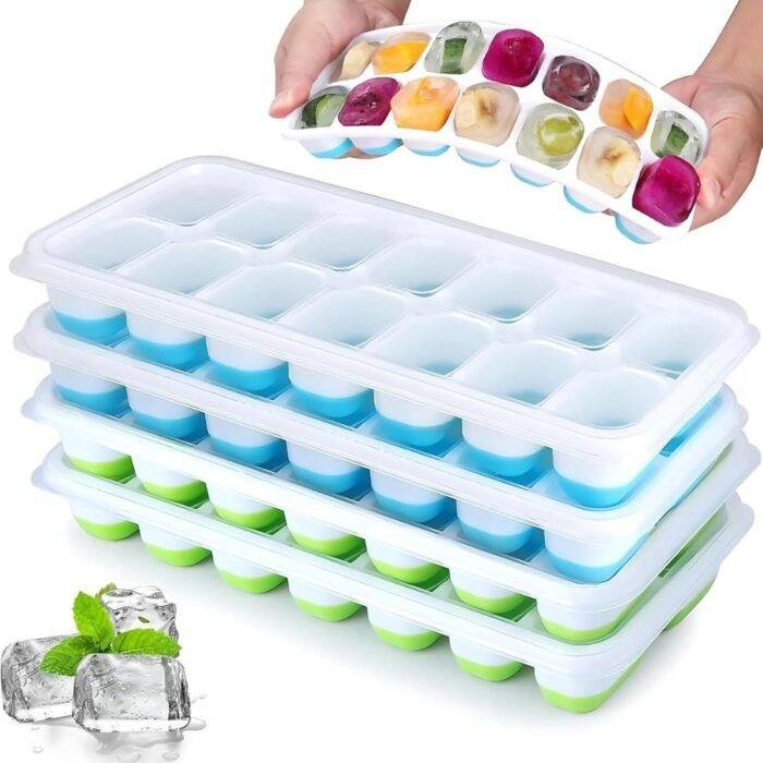 Yurdas Silicone Ice Cube Trays with Lids – 4 Pack, 14 Square Cubes per Tray (56 Cubes Total) – BPA-Free, Flexible, Stackable – for Baby Food, Whiskey, Cocktails & Drinks - Image 1
