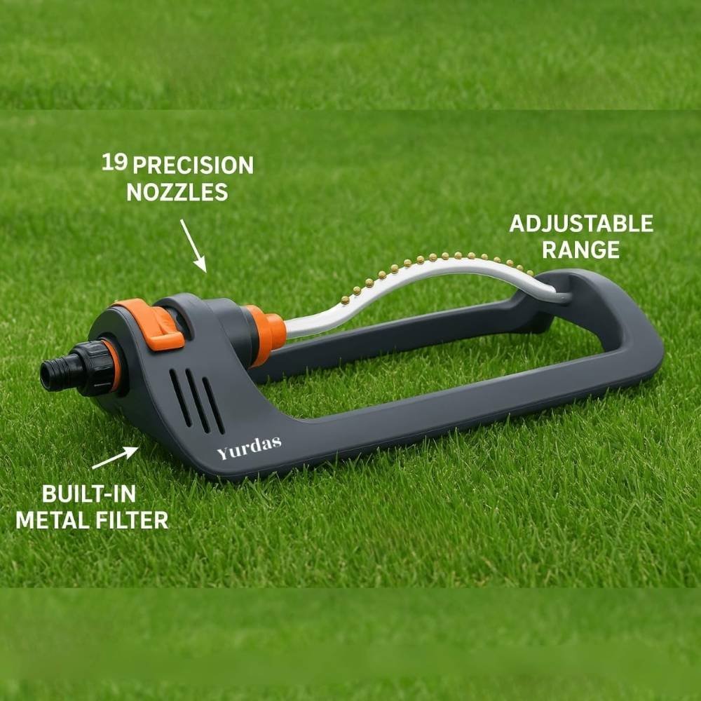 2 (8) Yurdas Oscillating Lawn Sprinkler with Metal Filter - 304m² Rectangular Coverage, 8-17m Adjustable Range, 16 Nozzles for Even Irrigation, Garden Water Sprayer for Grass, Plants & Flowers - Image 5