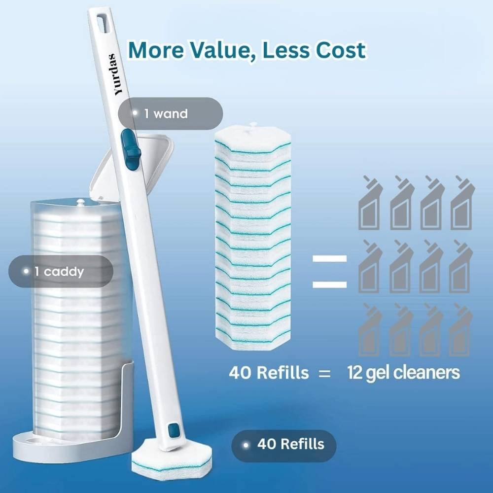 2 (8) Yurdas Disposable Toilet Brush Set – 40 Cleaning Heads with Storage Stand, White - Image 3
