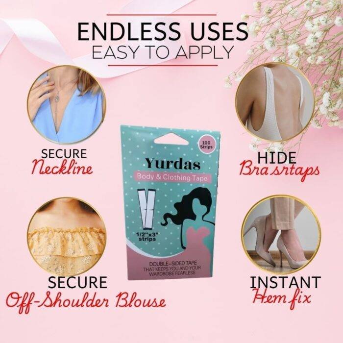 Yurdas Double-Sided Body Tape – 100 Strong Adhesive Strips for Skin & Clothing, Invisible Bra & Dress Fashion Tape, Extra Strong Hold - Image 4
