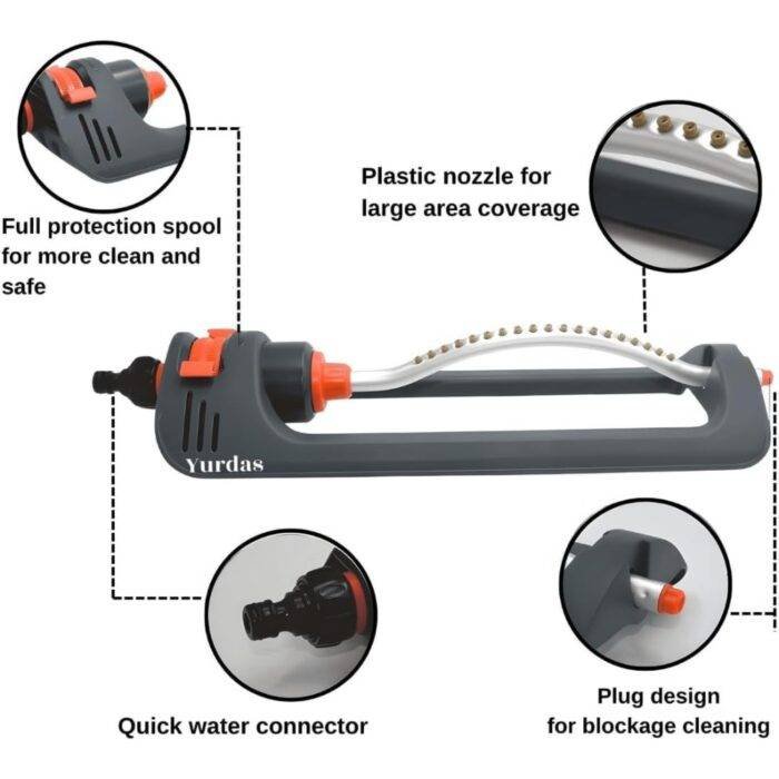 Yurdas Oscillating Lawn Sprinkler with Metal Filter - 304m² Rectangular Coverage, 8-17m Adjustable Range, 16 Nozzles for Even Irrigation, Garden Water Sprayer for Grass, Plants & Flowers - Image 2