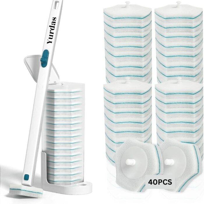 Yurdas Disposable Toilet Brush Set – 40 Cleaning Heads with Storage Stand, White - Image 1